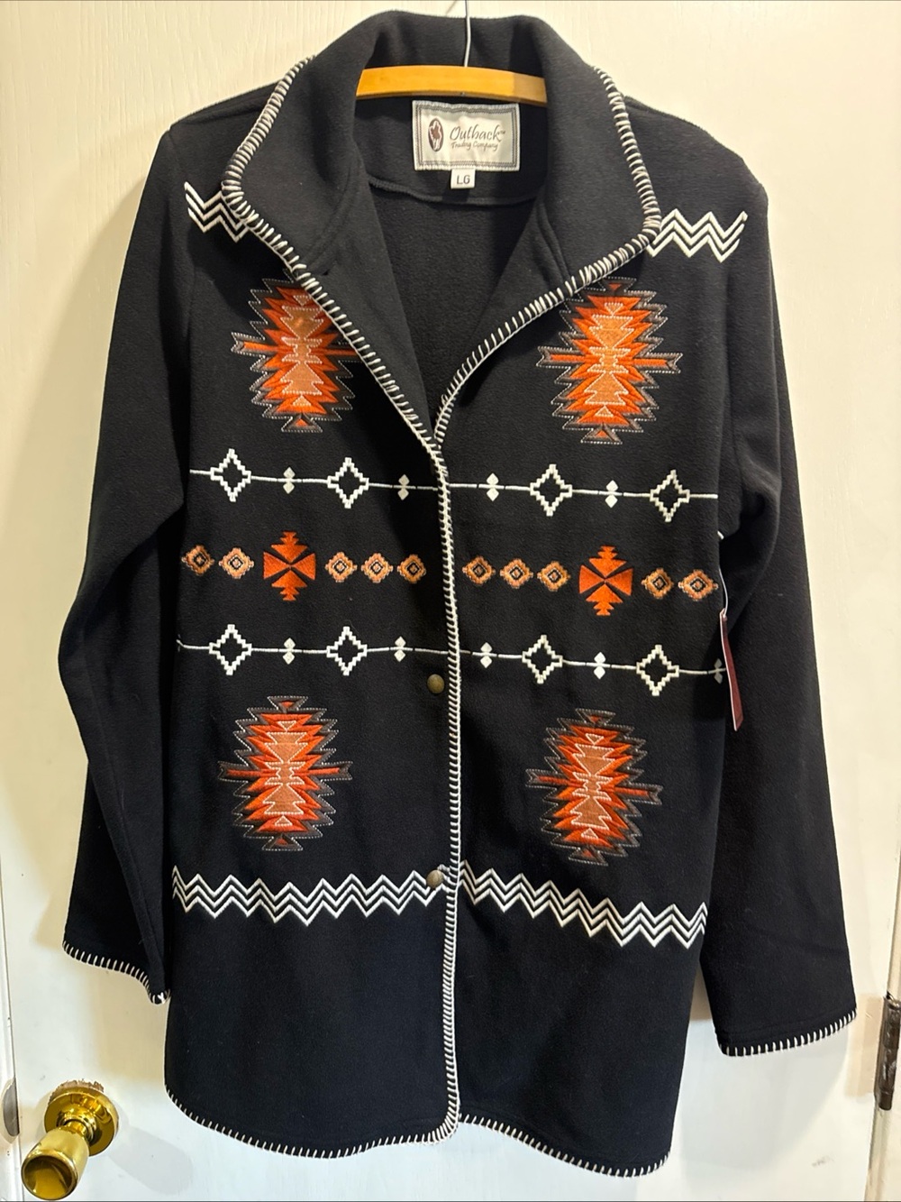 Nwt Outback Traditions Black Aztec-Pattern Trench Coat with Orange Accents